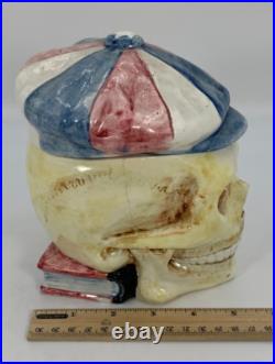 SKULL With CAP & BOOK Tobacco Jar Antique Majolica Humidor Memento Mori READ COND