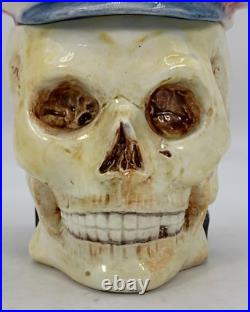 SKULL With CAP & BOOK Tobacco Jar Antique Majolica Humidor Memento Mori READ COND