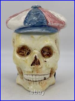 SKULL With CAP & BOOK Tobacco Jar Antique Majolica Humidor Memento Mori READ COND
