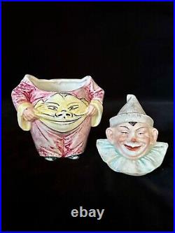 SMILING BELLY CLOWN MAJOLICA TOBACCO JAR Figural Antique Humidor Austria, c1900