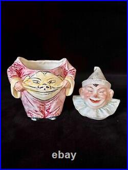 SMILING BELLY CLOWN MAJOLICA TOBACCO JAR Figural Antique Humidor Austria, c1900