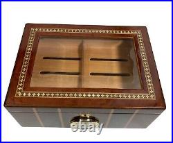 SUPREME Burl Wood Humidor inlay Glass Brass Accents Lock Wood Lined Hygrometer