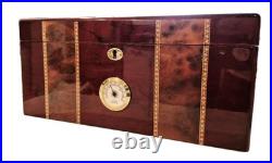 SUPREME Burl Wood Humidor inlay Glass Brass Accents Wood Lined Hygrometer No Key