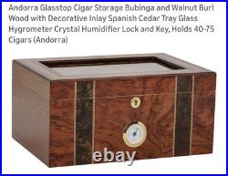 SUPREME Burl Wood Humidor inlay Glass Brass Accents Wood Lined Hygrometer No Key