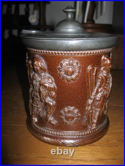 Salt Glaze Stoneware Tobacco Jar with Lid Relief Figures Beauvais 19th C France