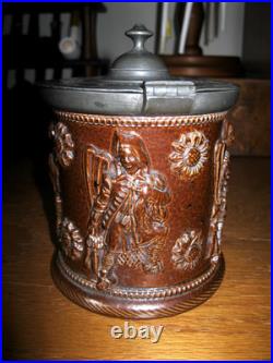 Salt Glaze Stoneware Tobacco Jar with Lid Relief Figures Beauvais 19th C France