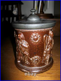 Salt Glaze Stoneware Tobacco Jar with Lid Relief Figures Beauvais 19th C France