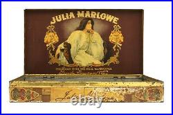 Scarce 1900s Julia Marlowe litho flat humidor hinged cigar tin in good cond
