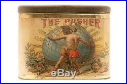 Scarce 1905 The Pusher paper label humidor hinged 50 cigar tin in good cond