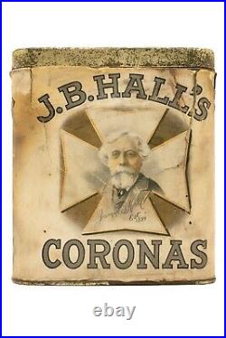 Scarce 1910s J B. Hall's paper label 50 cigar humidor tin in fair condition