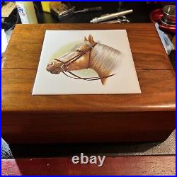 Stunning Vintage Humidor Tobacco Box Painted Tile Horse Equestrian Cedar Lined
