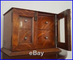 Superb antique Tiger Oak Cigar Humidor Smoking Cabinet, beveled glass, key