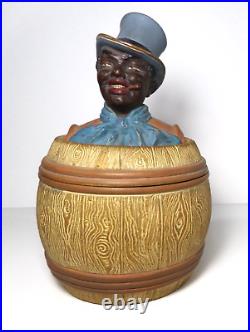 Tobacco Jar Man Wearing A Top Hat In A Barrel Terra Cotta Marked Jm