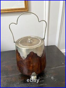 Unique Antique English Victorian Oak And Silver Plate Tobacco Biscuit Barrel