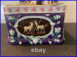 Unmarked Antique Staffordshire Majolica Dogs Hunting Deer Covered Jar / Humidor
