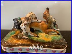 Unmarked Antique Staffordshire Majolica Dogs Hunting Deer Covered Jar / Humidor