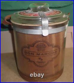 VINTAGE DON MARCOS Cedar Lined GLASS CIGAR HUMIDOR JAR LEATHER STRAP & LABELS