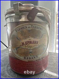 VINTAGE H UPMANN Cedar Lined GLASS CIGAR HUMIDOR JAR LEATHER STRAP VINTAGE H UPMANN Cedar Lined GLASS CIGAR HUMIDOR JAR LEATHER STRAP