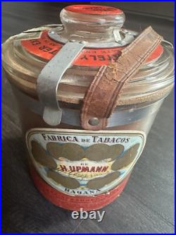 VINTAGE H UPMANN Cedar Lined GLASS CIGAR HUMIDOR JAR LEATHER STRAP VINTAGE H UPMANN Cedar Lined GLASS CIGAR HUMIDOR JAR LEATHER STRAP