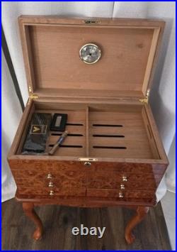 VTG Burl Cedar Wood Cigar Humidor Cabinet Freestanding Cabriol Curved Legs