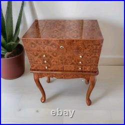 VTG Burl Cedar Wood Cigar Humidor Cabinet Freestanding Cabriol Curved Legs