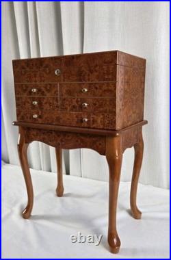 VTG Burl Cedar Wood Cigar Humidor Cabinet Freestanding Cabriol Curved Legs