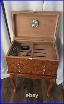 VTG Burl Cedar Wood Cigar Humidor Cabinet Freestanding Cabriol Curved Legs