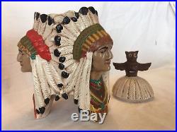 VTG! Ceramic Native American 3 Indian Chiefs Cigar Tobacco Jar Humidor Totem Lid