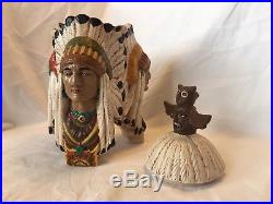 VTG! Ceramic Native American 3 Indian Chiefs Cigar Tobacco Jar Humidor Totem Lid