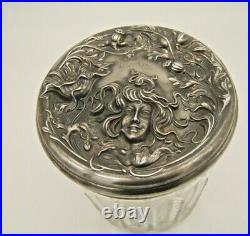 Very Nice Art Nouveau Tobacco Jar Unger Style Face Floral Silverplate