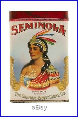 Very rare 1920 Seminola paper label 25 cigar humidor tin in near mint cond