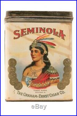 Very rare 1920s Seminola paper label 50 cigar humidor tin in very good cond