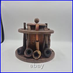 Vintage 10 Pipe Humidor Stand Comes With 8 Tobacco Pipes & Glass Humidor