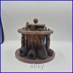 Vintage 10 Pipe Humidor Stand Comes With 8 Tobacco Pipes & Glass Humidor