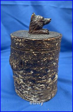 Vintage 1930's Wood Hand Carved Fox Head Tobacco Jar Box Humidor Covered With Bark