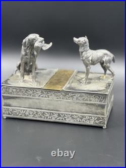 Vintage 19th Century Meriden Humidor Cigar Box Silverplate Two Hunting Dogs