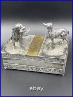 Vintage 19th Century Meriden Humidor Cigar Box Silverplate Two Hunting Dogs