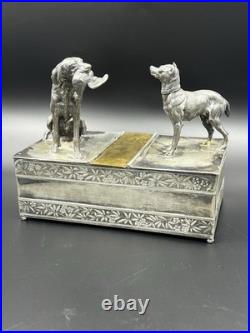 Vintage 19th Century Meriden Humidor Cigar Box Silverplate Two Hunting Dogs