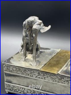 Vintage 19th Century Meriden Humidor Cigar Box Silverplate Two Hunting Dogs
