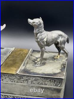 Vintage 19th Century Meriden Humidor Cigar Box Silverplate Two Hunting Dogs
