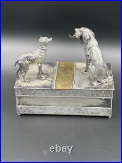 Vintage 19th Century Meriden Humidor Cigar Box Silverplate Two Hunting Dogs