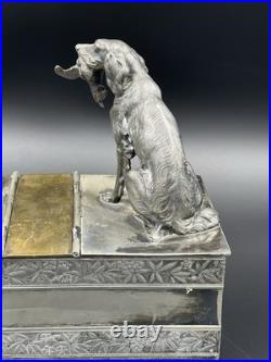 Vintage 19th Century Meriden Humidor Cigar Box Silverplate Two Hunting Dogs