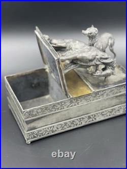 Vintage 19th Century Meriden Humidor Cigar Box Silverplate Two Hunting Dogs