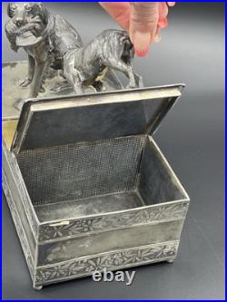 Vintage 19th Century Meriden Humidor Cigar Box Silverplate Two Hunting Dogs