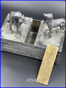 Vintage 19th Century Meriden Humidor Cigar Box Silverplate Two Hunting Dogs