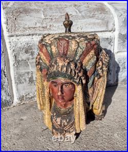 Vintage 3 Native American Indian Chiefs Chalkware Tobacco Jar Humidor Vintage 3 Native American Indian Chiefs Chalkware Tobacco Jar Humidor