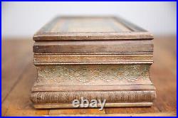 Vintage Antique Cigar Box wood Humidor torch flame carved mirror jewelry box