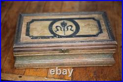 Vintage Antique Cigar Box wood Humidor torch flame carved mirror jewelry box