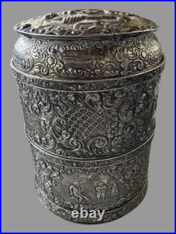 Vintage Antique Victorian Silverplate Scenic Repousse Cigar Humidor Glass Liner