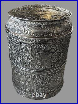 Vintage Antique Victorian Silverplate Scenic Repousse Cigar Humidor Glass Liner